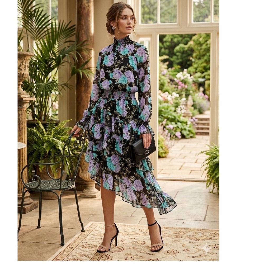 Lush Floral Mock Neck Smocked Waist Asymmetrical Ruffle Dress Black Violet L